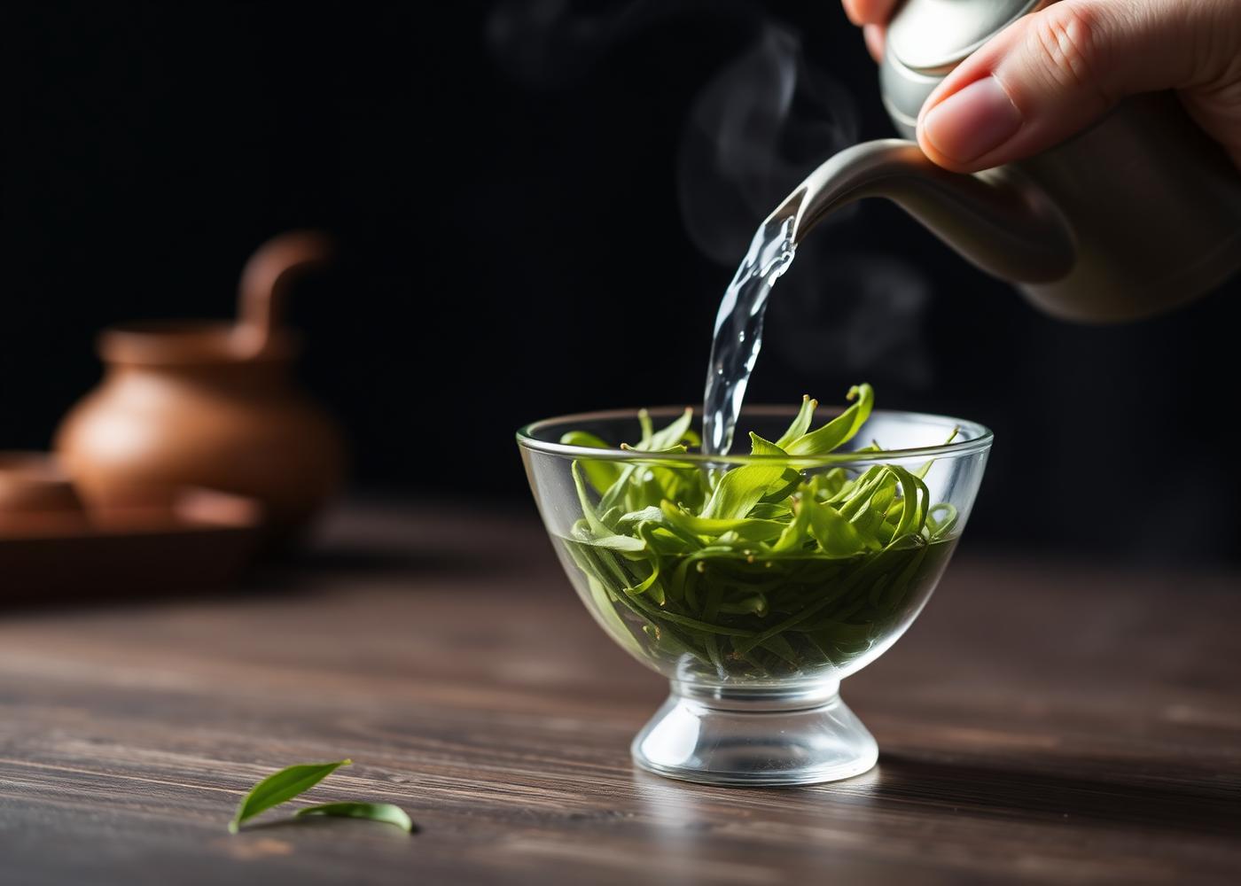 Pouring water over green tea leaves