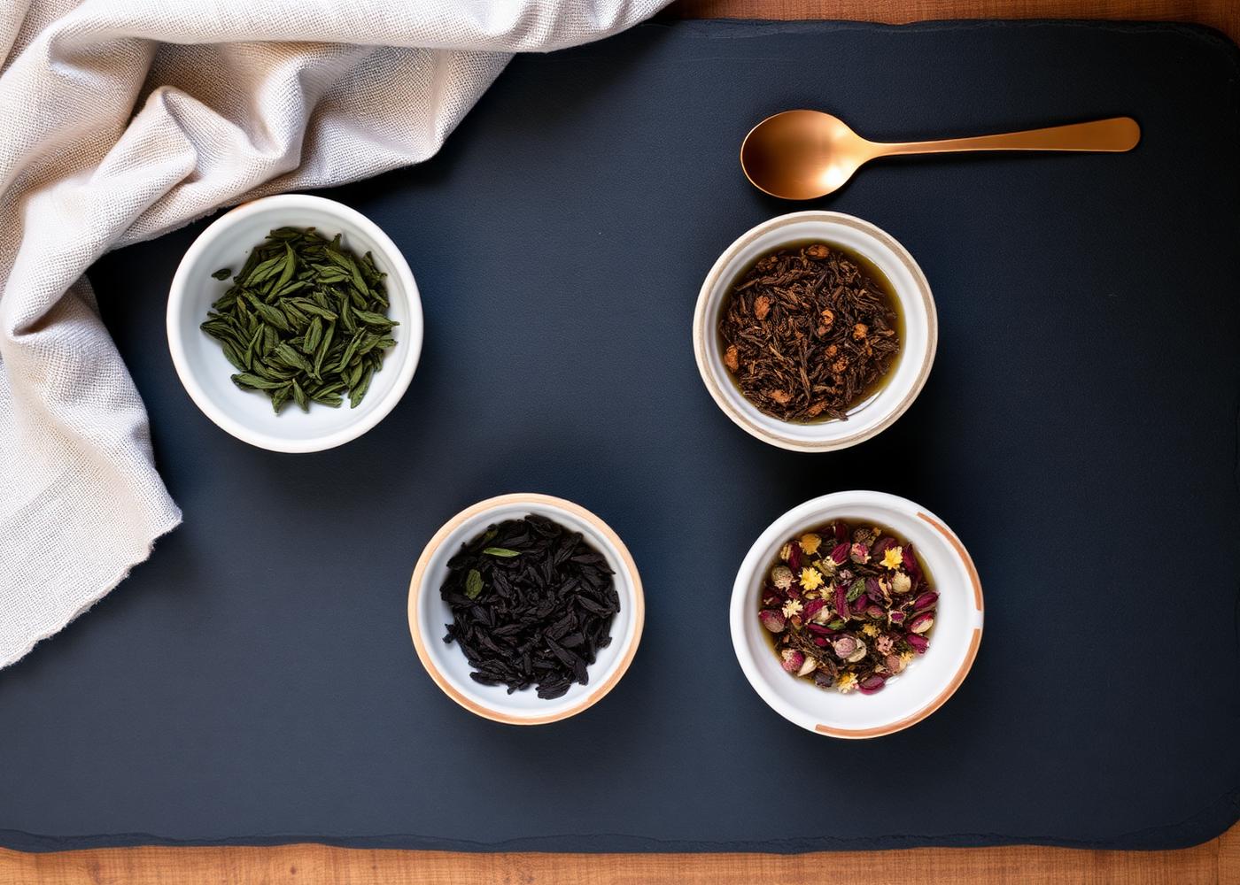 Four ceramic dishes of loose leaf tea arranged on a dark slate board